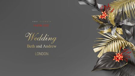 Tropical black and gold leaves on dark background vector poster Beautiful botanical design with golden tropic jungle palm leaves, exotic red flower Wedding ceremony invitation card, christmas greetingのイラスト素材