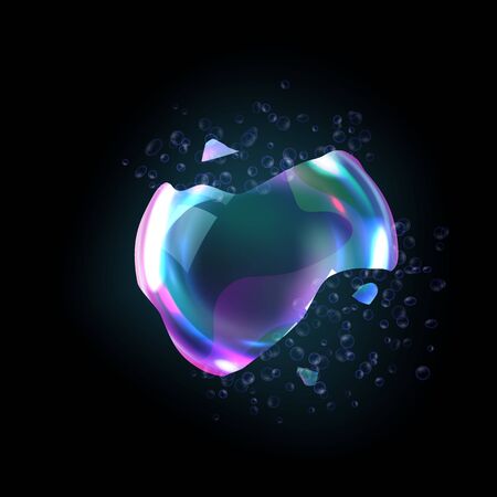 Bursting soap bubbles process stage vector illustration, realistic transparent exploding air spheres of rainbow colors with reflections and highlights, isolated on black backgroundのイラスト素材