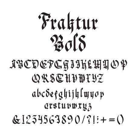 Vintage gothic bold font vector illustration. Unique decorative black capitals and lowercase calligraphic alphabet letters, numbers, symbols and signs on white background. Latin type medieval designのイラスト素材