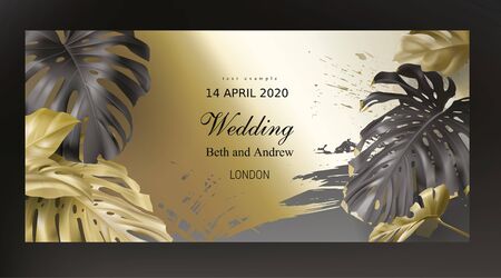 Tropical black gold monstera leaves on dark background vector. Beautiful botanical design with tropic jungle leaves, exotic plant and golden paint smear. Wedding invitation card, holiday sale bannerのイラスト素材