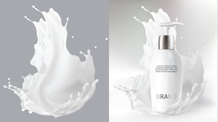 Milk cosmetics realistic vector blurred background. Skin care cosmetic product, body lotion in white bottle with silver dispenser and milk splash, crown isolated on gray. Mock-up promo posterのイラスト素材
