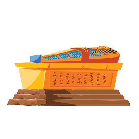 Ancient Egypt vector cartoon illustration. Egyptian culture symbol, golden or stone pharaoh sarcophagus with hieroglyphs, part of religious cult of dead, isolated on white background, side viewのイラスト素材