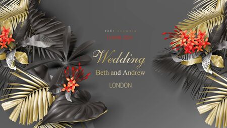 Tropical black and gold leaves on dark background vector poster Beautiful botanical design with golden tropic jungle palm leaves, exotic red flower Wedding ceremony invitation card, christmas greetingのイラスト素材