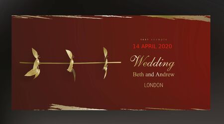Tropical gold leaves on maroon background vector. Botanical exotic horizontal design with golden tropic jungle creeper plant stem and paint smear. Wedding ceremony invitation card, holiday saleのイラスト素材