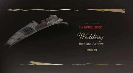 Tropical black gold leaves on dark background vector. Beautiful botanical horizontal design with tropic jungle leaves, exotic banana palm and golden paint smear. Wedding invitation card, holiday saleのイラスト素材