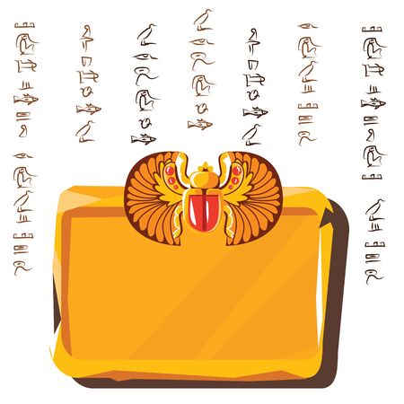 Stone board or clay tablet with scarab beetle and Egyptian hieroglyphs cartoon vector illustration Ancient object for recording storing information, graphical user interface for game design on whiteのイラスト素材