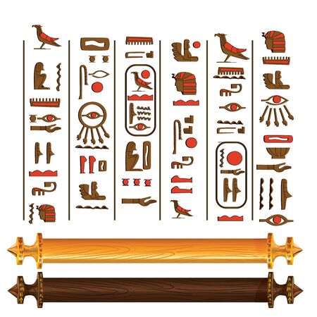 Ancient Egypt hieroglyphs and wooden rods for papyrus scroll cartoon vector collection. Egyptian culture symbols, isolated on a white backgroundのイラスト素材