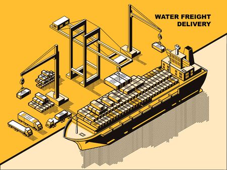 Water freight delivery, yellow isometric line art vector concept. Sea port, river dock with cranes unloading cargo barge or ship with containers. Export import logistics, international cargo shipmentのイラスト素材