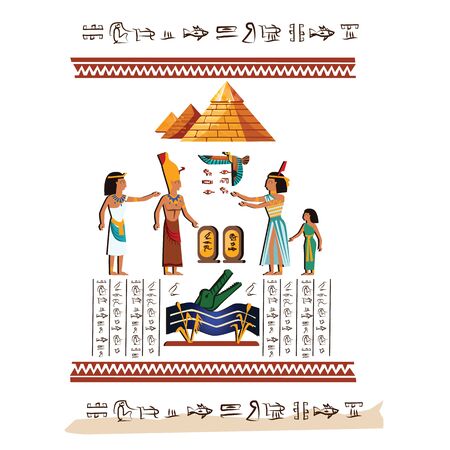 Ancient Egypt wall art or mural element cartoon vector. Monumental painting with hieroglyphs and Egyptian culture symbols, ancient gods, Nile river and human figures, isolated on whiteのイラスト素材