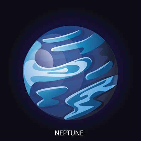 Planet Neptune 3D cartoon vector illustration. Spherical blue planet with illuminated surface with relief isolated on dark blue cosmic backgroundのイラスト素材