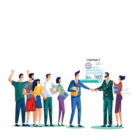 Contract conclusion and teamwork concept vector illustration. Satisfied businessmen shake hands against signed agreement with seal and signatures, their teams are behind them isolated on whiteのイラスト素材