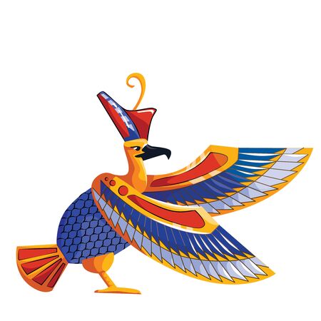 Ancient Egypt sacred bird falcon cartoon vector isolated on white background. Egyptian culture religious symbol, hawk figure, embodiment of great sun god Ra or Horus in pharaoh headdressのイラスト素材