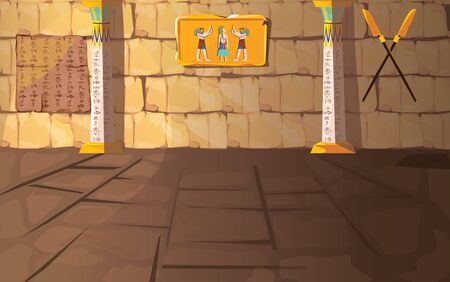 Ancient Egypt pharaoh tomb or temple room cartoon vector illustration. Egyptian pyramid interior with hieroglyphs and mural on stone walls and white columns with oranment, background for game designのイラスト素材