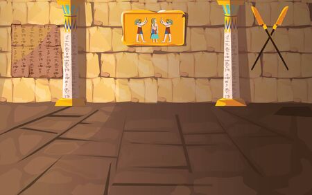 Ancient Egypt pharaoh tomb or temple room cartoon vector illustration. Egyptian pyramid interior with hieroglyphs and mural on stone walls and white columns with oranment, background for game designのイラスト素材