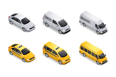 Isometric car icons isolated on white background. Vehicles for freight and passenger transportation, yellow taxi sedan and mini van with shadow and highlightsのイラスト素材