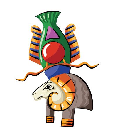 Ancient Egypt head of god source of Nile Khnum cartoon vector. Egyptian culture religious symbol, ram headed creator god with spiral-twisted horns isolated on white backgroundのイラスト素材