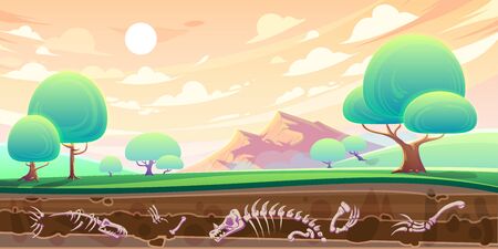 Green valley with trees and mountain landscape, underground cross section with layers of soil and fossils, skeletons of ancient dinosaurs, cartoon vector illustrationのイラスト素材