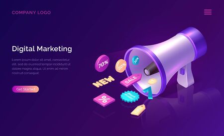 Digital marketing, isometric concept vector illustration. Big megaphone or loudspeaker and 3D sale and discount promo icons, landing web page of advertising agency to increase sales Ultraviolet bannerのイラスト素材
