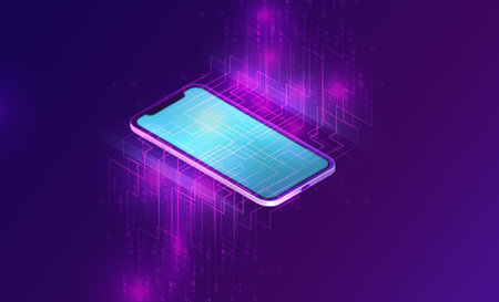 Mobile document manager business concept vector isometric illustration. Smartphone on purple...