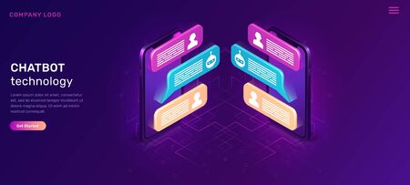 Chat bot or mobile chatting, isometric concept vector illustration. Dialog sms icons or text bubbles on screens of two smartphones facing each other, isolated on purple, ultraviolet backgroundのイラスト素材