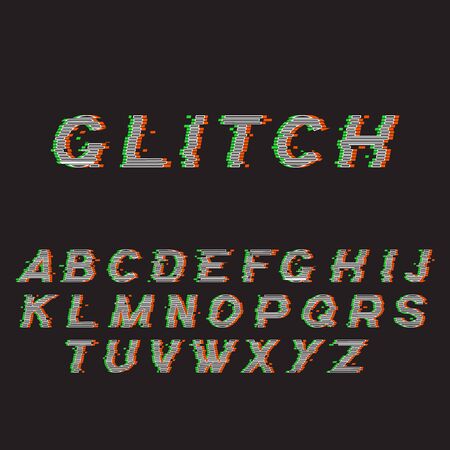 Glitch font or distorted abc, trendy latin type set vector illustration. Broken characters, distortion effect of inscription on screen, capital letters isolated on black backgroundのイラスト素材