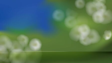 Natural defocused background vector illustration. Banner with blurred blue sky, green trees foliage and white flowers, design element for environmental projects or organic product advertisingのイラスト素材