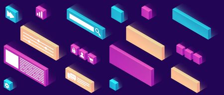 Website constructor isometric icon set vector illustration. 3d pictograms or signs template for creating customize website design, interface isolated on ultraviolet backgroundのイラスト素材
