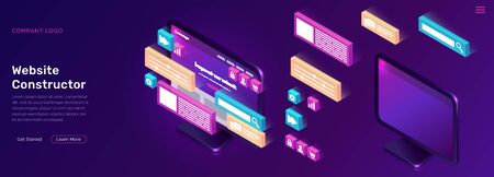 Website constructor isometric concept vector illustration. Software landing page template for creating customize website design, interface, computer monitor with 3D icons on ultraviolet backgroundのイラスト素材