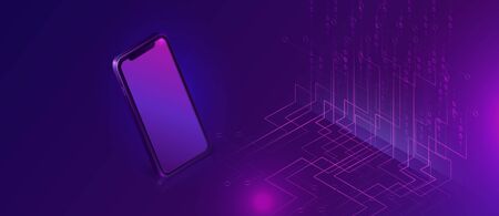 Mobile document manager business concept vector isometric illustration. Smartphone on purple ultraviolet background with information waterfall or big data stream, vertical banner or landing webpageのイラスト素材