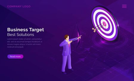 Business target solution isometric concept vector illustration. Round dart board with arrow and archer man. Symbolic goals achievement, success and competitors victory on ultraviolet webpage bannerのイラスト素材