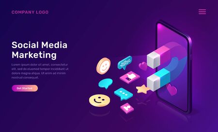 Social media marketing, viral mms, vector isometric concept. 3D mobile phone screen with large magnet attracting social media content icons, like and followers, chat messages, ultraviolet app web pageのイラスト素材