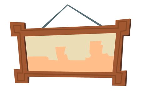 Picture frame cartoon vector illustrations. Element for living room interior, wooden brown frame for picture and photography hanging on white wall, room accessory isolatedのイラスト素材