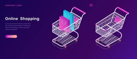 Online shopping, isometric concept vector illustration. Shopping carts empty and with bags, isolated on ultraviolet background, landing web page for mobile appのイラスト素材