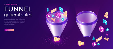 Sales funnel, isometric concept vector illustration. Marketing funnel with data drawn into it for analysis, optimization and sales generation, digital tool for profit growth. Template landing web pageのイラスト素材