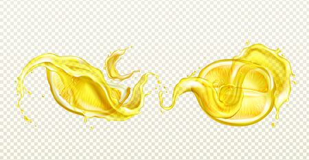 Lemon juice splash realistic vector illustration. Half lemon, sliced tropical yellow fruit with zest or peel, falling flowing liquid with drops, isolated on transparent background, soda package designのイラスト素材