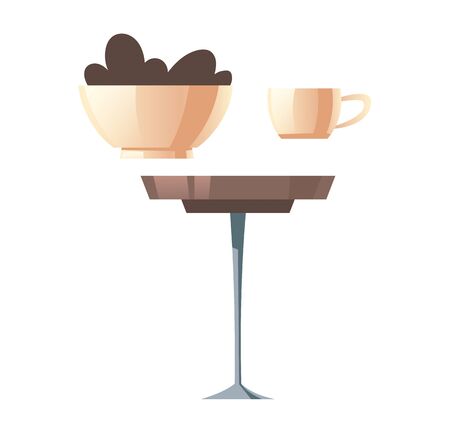 Round coffee table, white cup and bowl with cookies cartoon vector illustration set, side view isolated on white backgroundのイラスト素材
