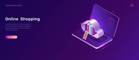 Online library or education isometric concept vector illustration. Open laptop, cloud with book library and wooden ladder on violet background, landing web site page for educational, language coursesのイラスト素材