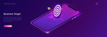 Business target isometric concept vector illustration. Round dart board with arrow flying to bullseye at mobile phone screen. Symbolic goals achievement, success and competitors victory on ultravioletのイラスト素材