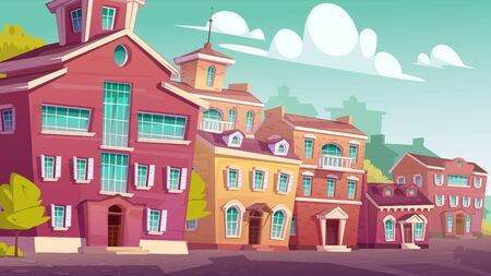 Urban street landscape with retro residential buildings, cartoon vector. Cityscape vintage background with old houses, residential town area during day isometric view, blue sky with cloudsのイラスト素材