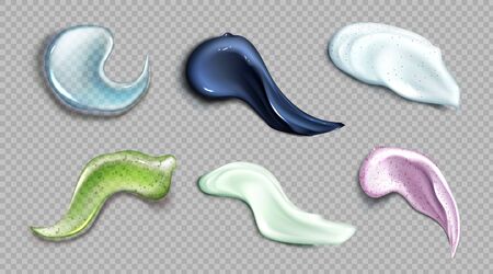 Cosmetic cream and scrub smear realistic set of vector illustrations. Gel, scrub with small particles and grains, cosmetic face mask or serum texture smudge swatch isolated on transparent backgroundのイラスト素材