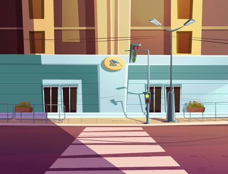 Traffic light and pedestrian crosswalk on city street. Vector cartoon illustration of empty road with stoplight for cars, sidewalk and building in first-person viewのイラスト素材