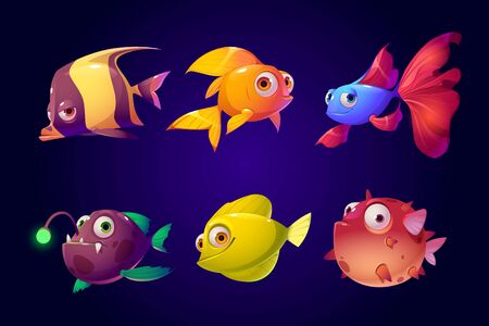 Sea fish set, tropical colorful aquarium and ocean underwater creatures with cute smiling faces and big eyes, characters for computer game, goldfish, wild angler, puffer Cartoon vector illustrationのイラスト素材