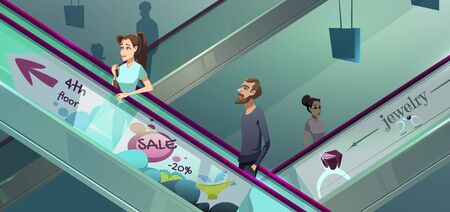 People on escalators in mall. Moving staircase, automatic ladder carrying man and woman up and down. Vector cartoon illustration of elevator stairs in shopping centerのイラスト素材