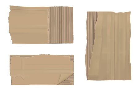 Torn cardboard paper set. Brown ragged ripped sheets pieces with corrugated texture isolated on white background, edge blank mock up for ads design. Realistic 3d vector illustration, icon, clip artのイラスト素材