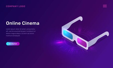 Online cinema or movie, isometric concept vector illustration. 3D glasses icon isolated on ultraviolet background. Home cinema website landing pageのイラスト素材