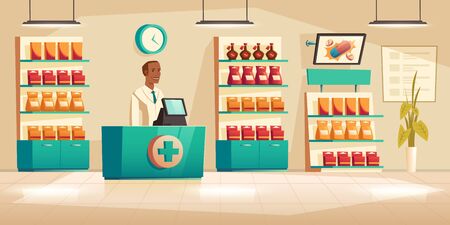 Male pharmacist at counter in pharmacy. Vector drugstore interior with medical products and vitamin on shelves, advertisment digital display and apothecary black manのイラスト素材