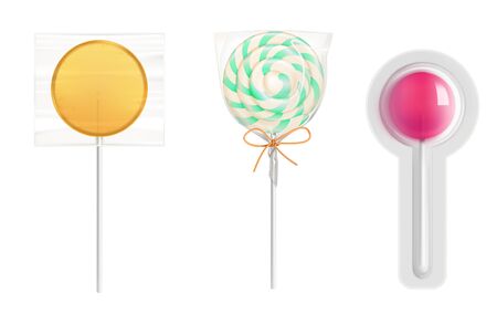 Lollipop candies in transparent plastic pack isolated on white background. Vector realistic mockup of round caramel on stick in clear package. Icons of wrapped sweetsのイラスト素材