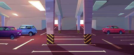 Underground car parking. Basement garage with lots for automobiles, columns, road marking and guiding arrows in corridor. Vector cartoon interior of parking in mall or city houseのイラスト素材