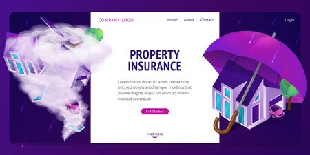 Property insurance isometric landing page. Real estate building stand under huge umbrella, crashed house inside of tornado twister. Home accident protection service, 3d vector illustration, web bannerのイラスト素材