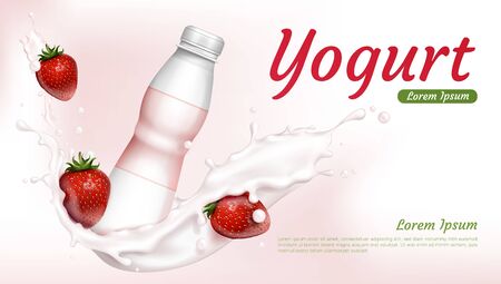 Yogurt advertising with strawberries and milk splash. Blank plastic bottle for sweet dairy drink. Vector realistic mockup with youghurt pack in white cream wave for ads poster of fruit dessertのイラスト素材